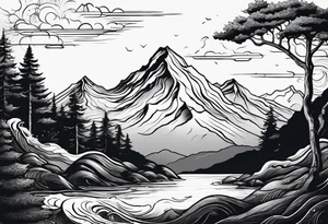 Mountain, engulfed by 2 waves. 3 stars above the mountain, trees at the bottom tattoo idea