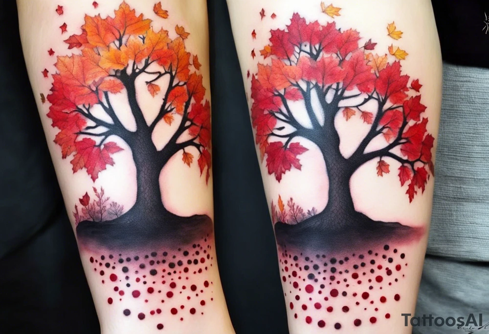 Arm tattoo. Long tattoo. Full sleeve. Shoulder. A single large maple tree with red autumn leaves that branches upwards from wrist to shoulder. White-throated dipper bird on the trees branches. Calluna flowers at the base of the trees stem. Tree stem has dark colors. Red/yellow sunset behind the trees stem. Leaves falling. tattoo idea