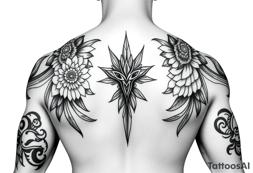 Can you help me design my next tattoo? I already have Polynesian-style tattoos covering one shoulder and part of my back, and I’m looking for ideas to fill the white space between them. I haven’t been able to come up with anything that works.

I’d like the new elements to be in a different style than Polynesian, but still visually cohesive so they complement the existing tattoos rather than clash with them. tattoo idea