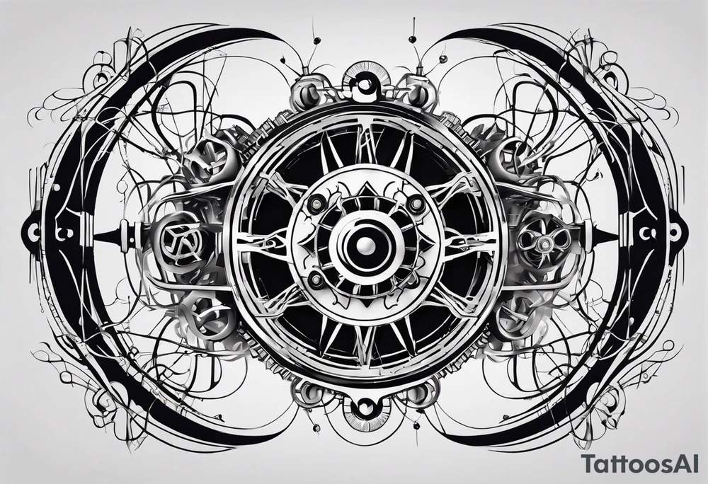 Design a tattoo that combines the elegant entanglement symbol from quantum mechanics with intricate robotic circuitry. The entanglement lines should intertwine seamlessly with the mechanical gears, symbolizing the fusion of cutting-edge technology and quantum physics tattoo idea