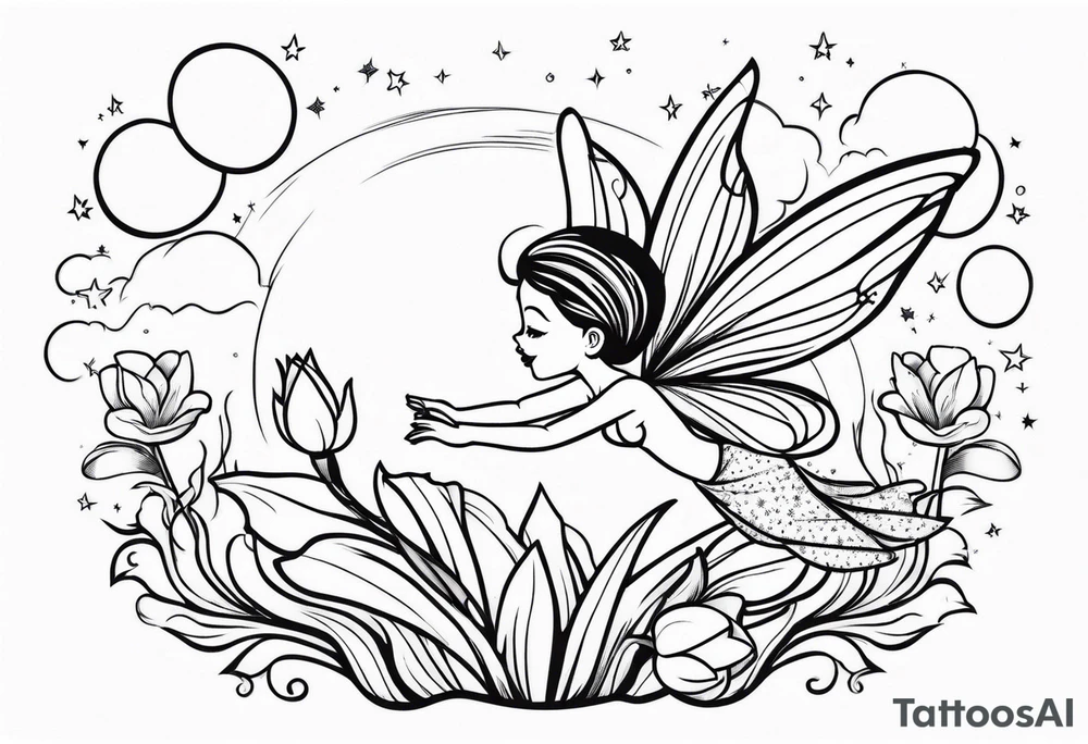 a fairy flying into a tulip with stars in the sky tattoo idea