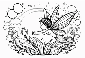 a fairy flying into a tulip with stars in the sky tattoo idea