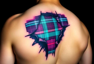 Dark Purple with green pink blue and white highlights tartan fabric on bicep with skin ripping away to reveal tartan underneath tattoo idea