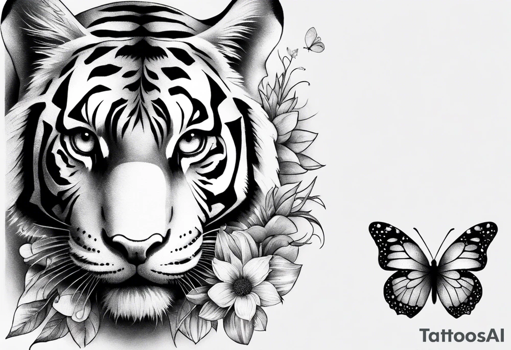 tiger, 3 butterflies, flowers for ladies thigh / hip shaded tattoo idea