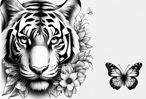 tiger, 3 butterflies, flowers for ladies thigh / hip shaded tattoo idea