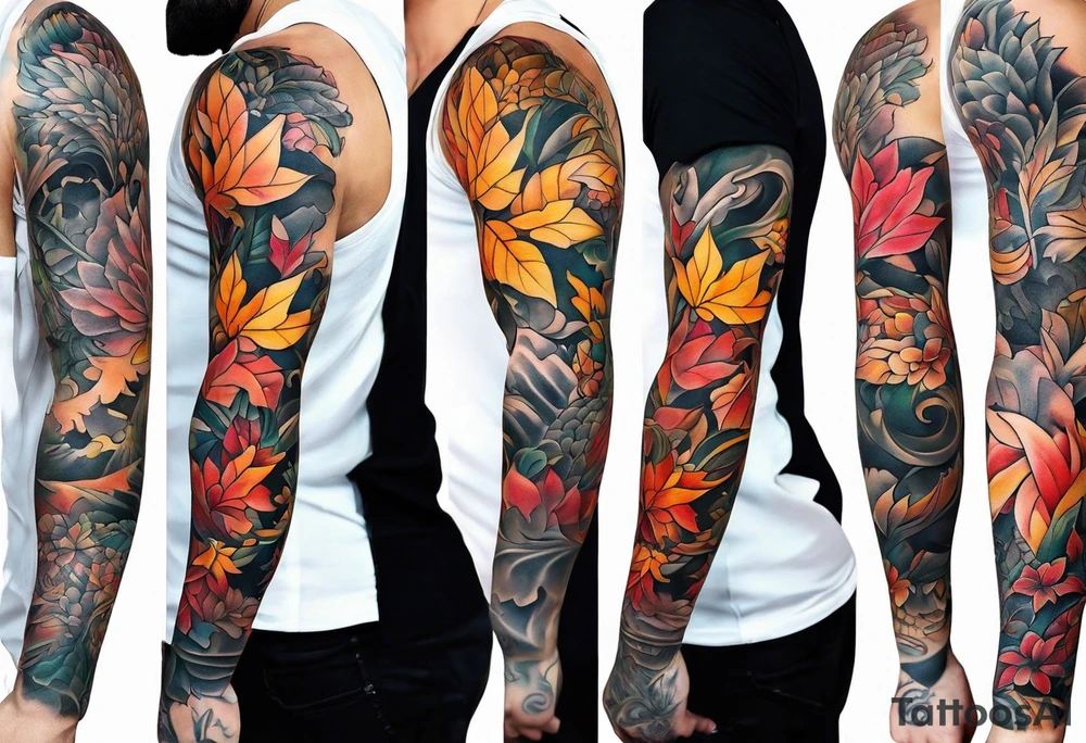 Arm Sleeve Tattoo with fall colors flat tattoo idea