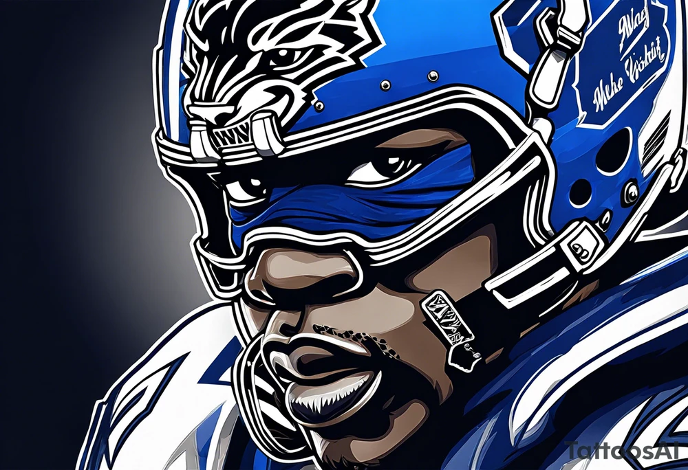 blue wildcat in football attire  morphing into jfootball game night half of the face is a black male school student tattoo idea