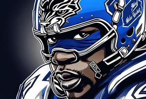 blue wildcat in football attire  morphing into jfootball game night half of the face is a black male school student tattoo idea