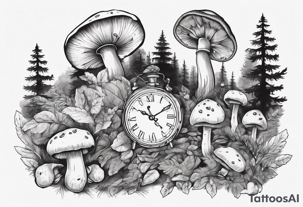 mounting landscape with little boletus in the forest.
Add in a middle an antique clock at 9:44pm
a cinema film
a deck of poker cards

Grandma's walking stick
An Italian coffee maker tattoo idea