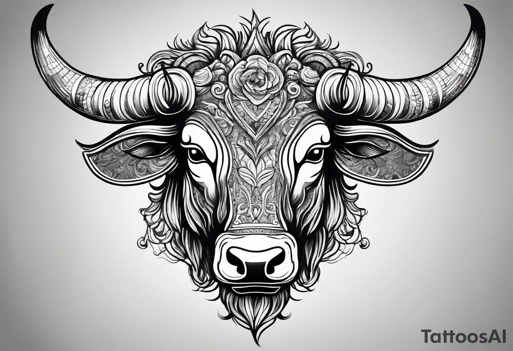 Evil looking Large bull with horns busting through crowd of people tattoo idea