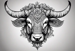 Evil looking Large bull with horns busting through crowd of people tattoo idea