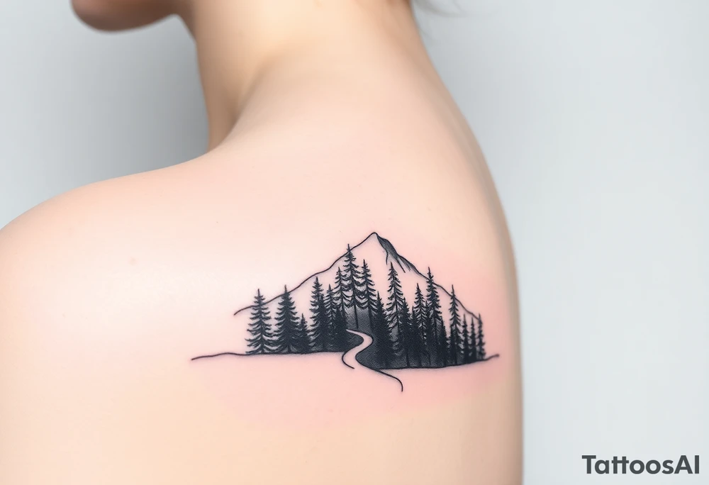 A minimalist fine line tattoo inspired by the song 'Exile,' depicting a quiet mountain scene with a narrow trail cutting through a dense forest. The design is simple yet evocative, with crisp black lines to emphasize the solitude and introspective theme of the song. This tattoo would sit gracefully on the upper back of the shoulder. tattoo idea