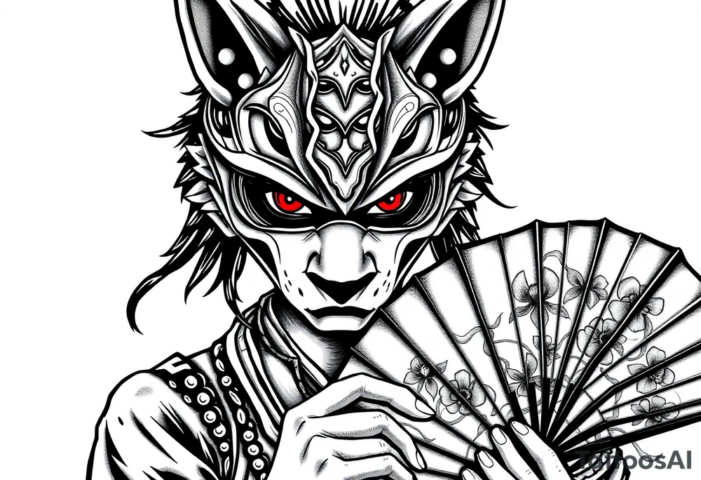 Woman samurai with red eyes wearing an half and broken fox mask, holding a japanese fan with irises. tattoo idea