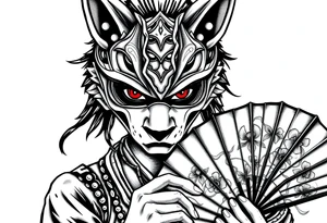 Woman samurai with red eyes wearing an half and broken fox mask, holding a japanese fan with irises. tattoo idea