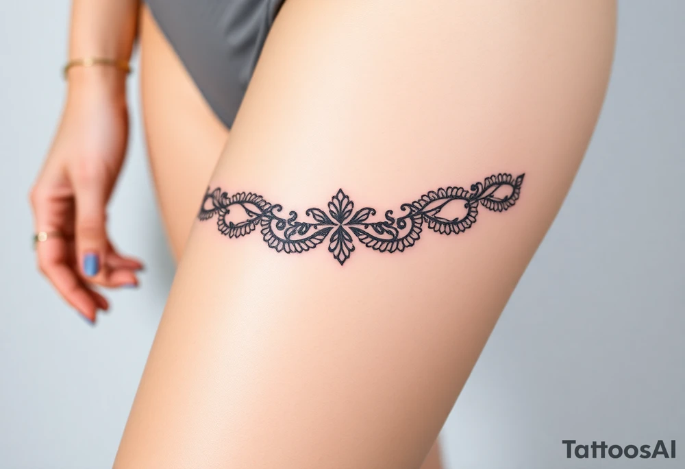 A negative space garter tattoo design, where the lace details are subtly left out, creating a beautifully elegant silhouette effect tattoo idea