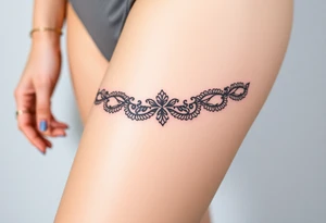 A negative space garter tattoo design, where the lace details are subtly left out, creating a beautifully elegant silhouette effect tattoo idea
