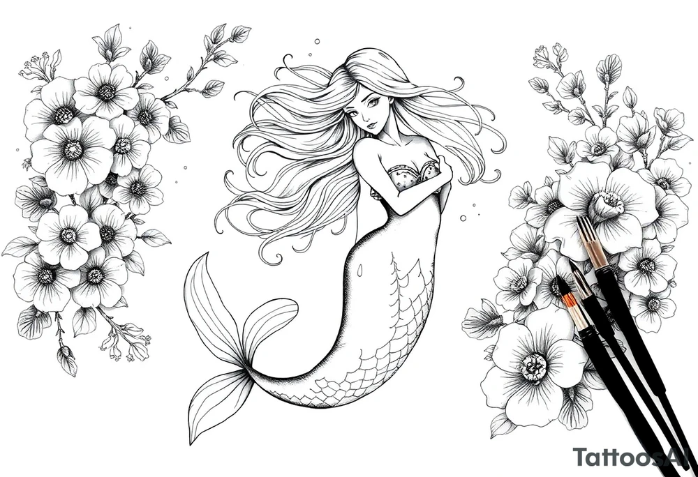 ethereal mermaid with flowing hair among coral and sea flowers tattoo idea