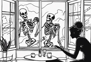 Slow dancing in a burning room but the couple are skeletons dancing and you can see them through a small window in a house on fire tattoo idea