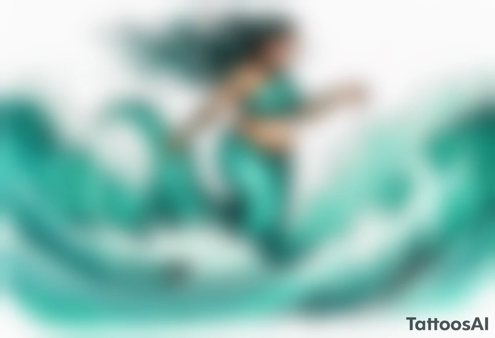 a beautiful chubby turquoise Naga woman emerging from an ocean wave, crashing onto the shore tattoo idea