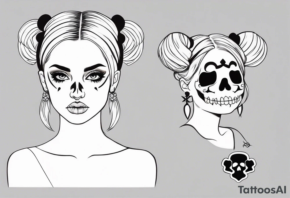 feminine skull and cross bones with hair in two blonde pigtails tattoo idea