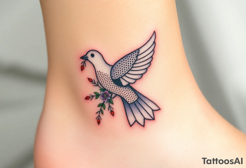 A collared dove with a bouquet of wildflowers in its talons, in soft pastel tones like lavender, peach, and pale blue, representing love and freedom in nature tattoo idea