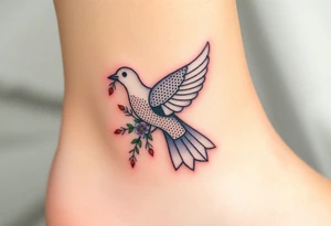 A collared dove with a bouquet of wildflowers in its talons, in soft pastel tones like lavender, peach, and pale blue, representing love and freedom in nature tattoo idea