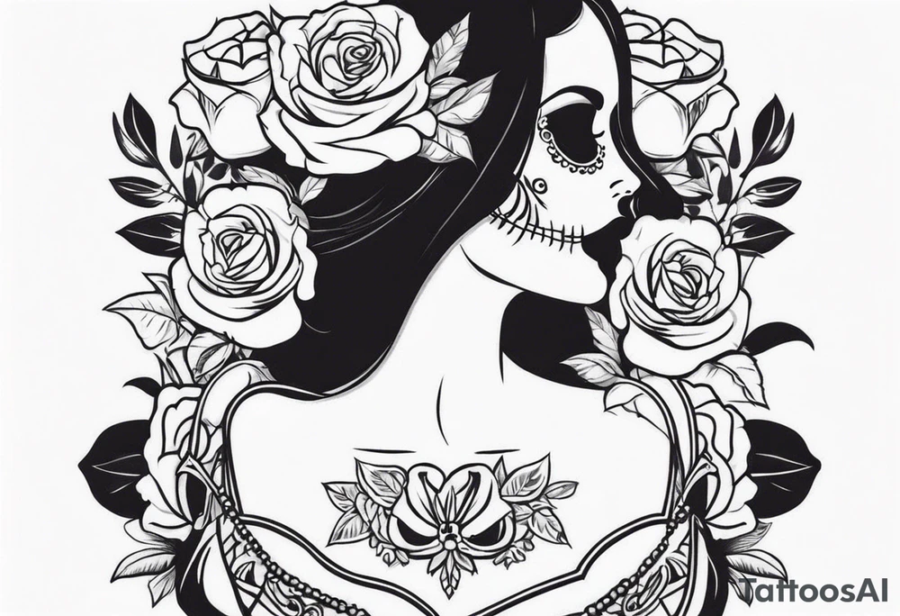 chest tattoo, from shoulder to shoulder, covering lover part of the neck. contains skulls, roses and muertos style girls tattoo idea