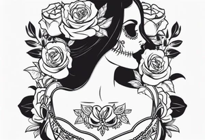 chest tattoo, from shoulder to shoulder, covering lover part of the neck. contains skulls, roses and muertos style girls tattoo idea