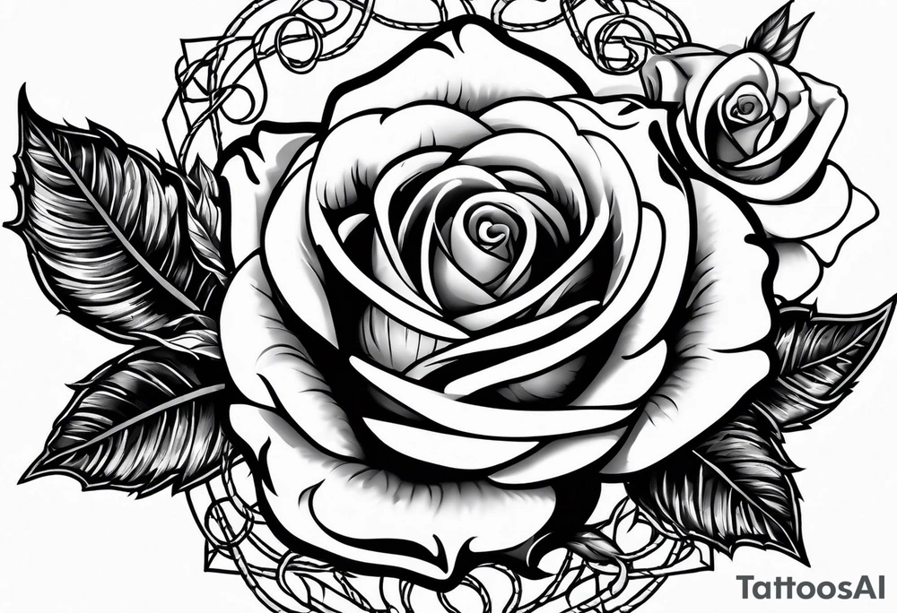 Country music microphone, roses and barbed wire in background tattoo idea