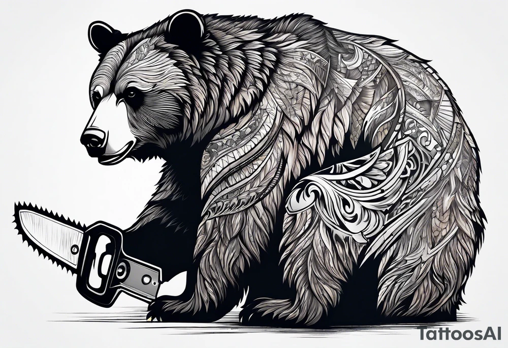 bear using a chainsaw tattoo idea