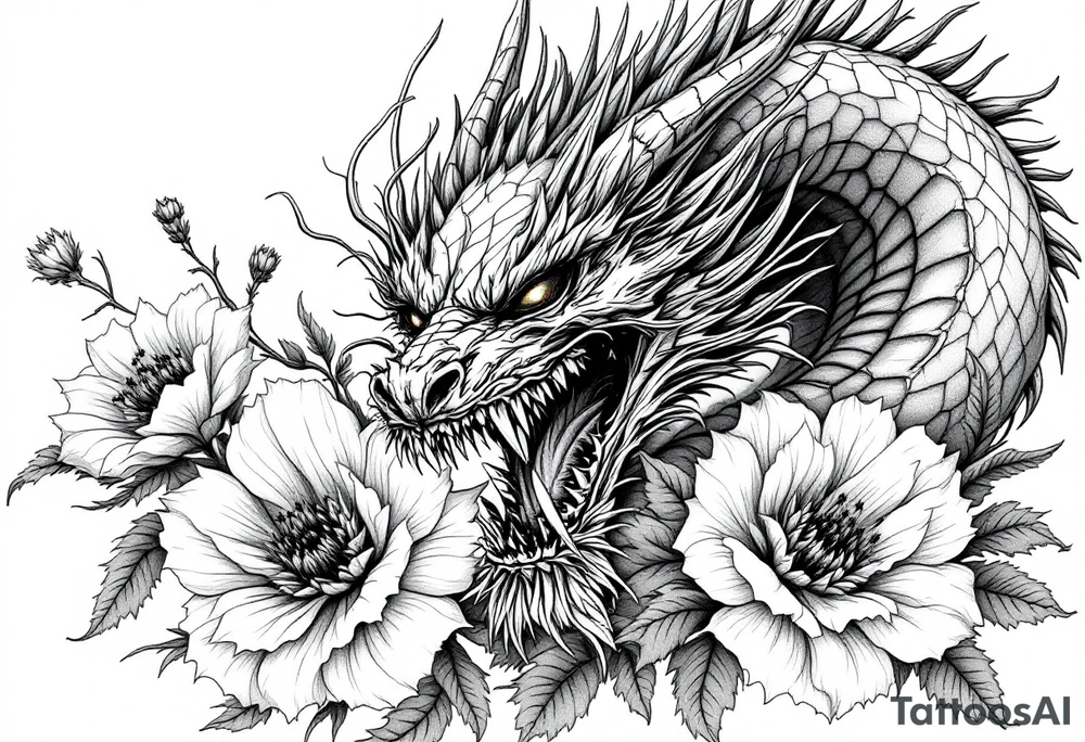 scary dragon face down with flowers tattoo idea
