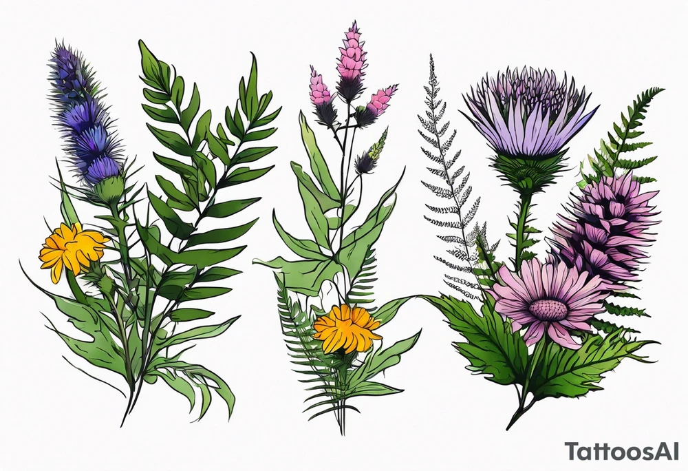 small vertical mixed wildflower bouquet with ferns, thistle and with color tattoo idea