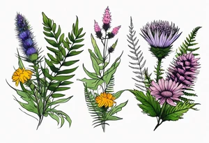 small vertical mixed wildflower bouquet with ferns, thistle and with color tattoo idea