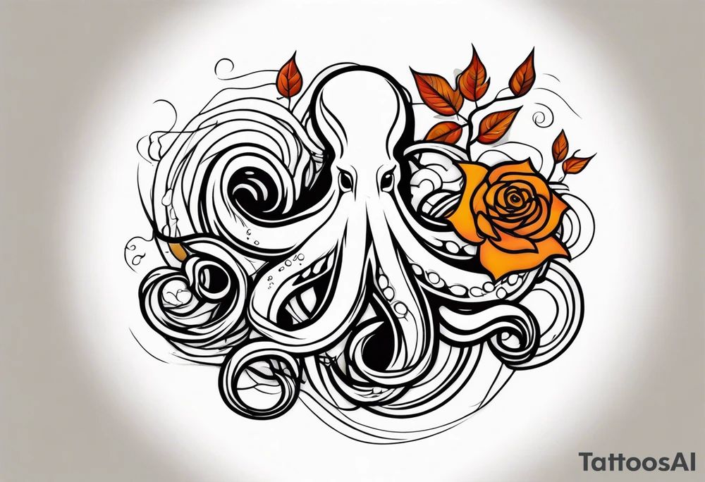 masculine abstract left thigh tattoo with a large long flowing octopus in water swirls wrapping around rocks, with a rose, in fall colors with some small leaves and fall elements tattoo idea