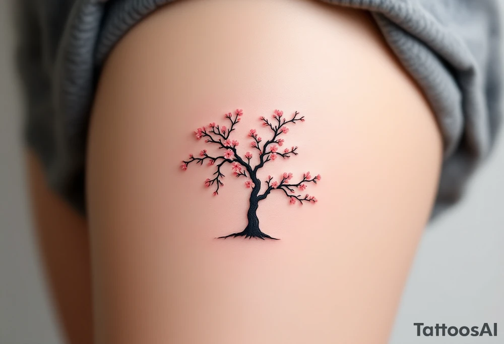 Cherry Blossom Tree Silhouette – A small black bonsai-style cherry tree silhouette with faint pink flowers dotting the ends of the branches. tattoo idea