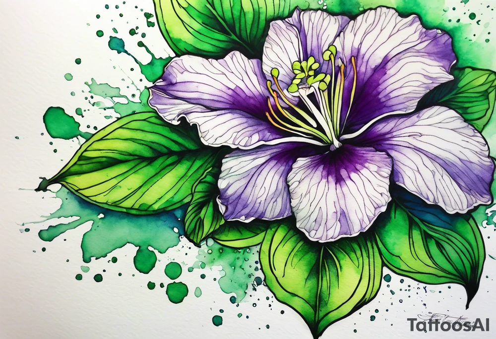 An outline of an only green rio dipladenia flower and a green and purple watercolor splash in the background tattoo idea