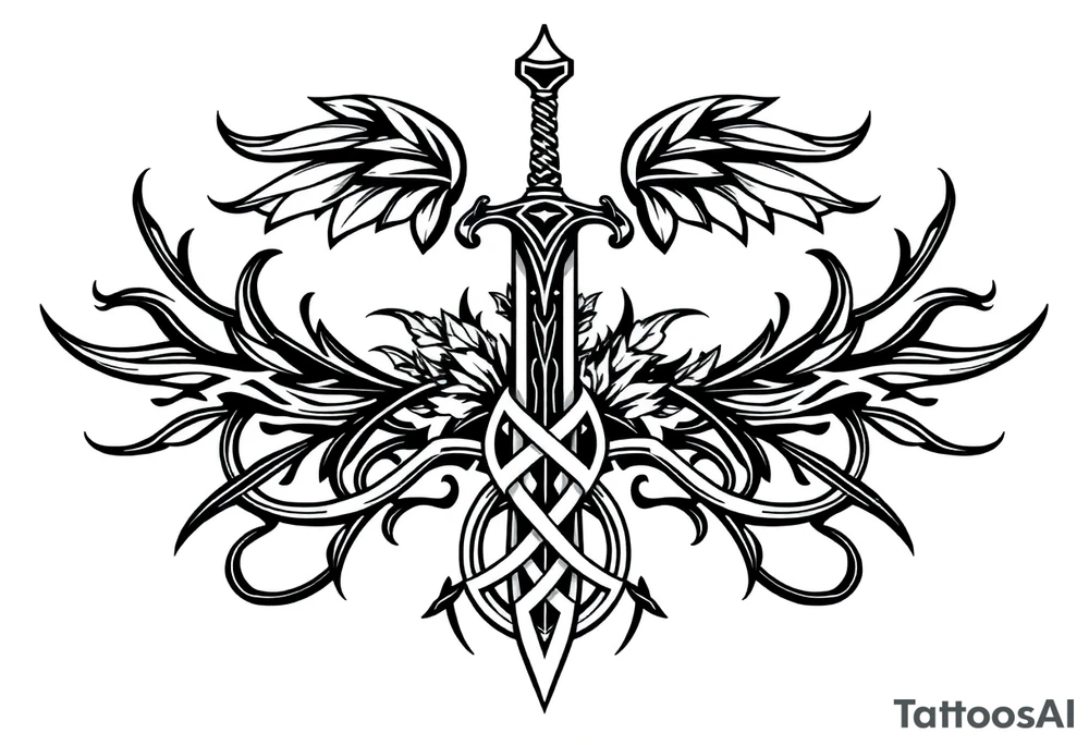 a sword with an overgrown Celtic knot band infused with nature tattoo idea