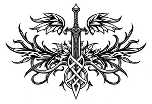 a sword with an overgrown Celtic knot band infused with nature tattoo idea