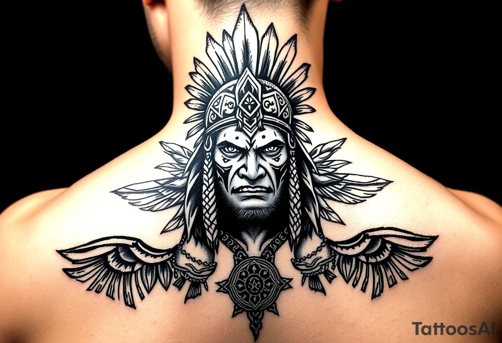 Purepecha warrior surrounded by purepecha symbols tattoo idea