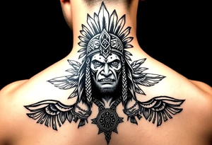 Purepecha warrior surrounded by purepecha symbols tattoo idea