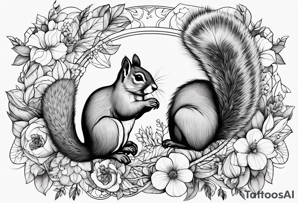 floral with small animals. Squirrels, birds tattoo idea