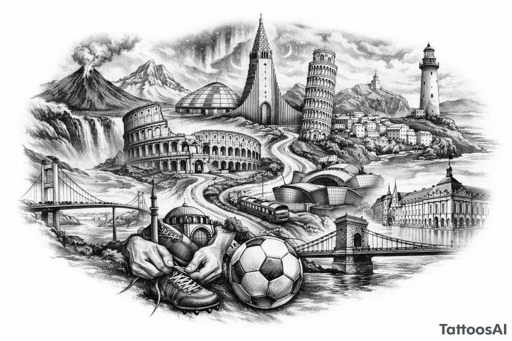 Iceland x3 (sindri, ibv, stjarnan) Italy x2 (Verona, Sassuolo) Spain (Logrono) Turkey x2 (Fenerbahce, Besiktas) Hungary (Fradi) France (Bordeaux) Something to do with football journey, surreal style to fit on arm no crests just main attractions of each country tattoo idea