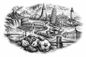 Iceland x3 (sindri, ibv, stjarnan) Italy x2 (Verona, Sassuolo) Spain (Logrono) Turkey x2 (Fenerbahce, Besiktas) Hungary (Fradi) France (Bordeaux) Something to do with football journey,  surreal style to fit on arm no crests just main attractions of each country tattoo idea