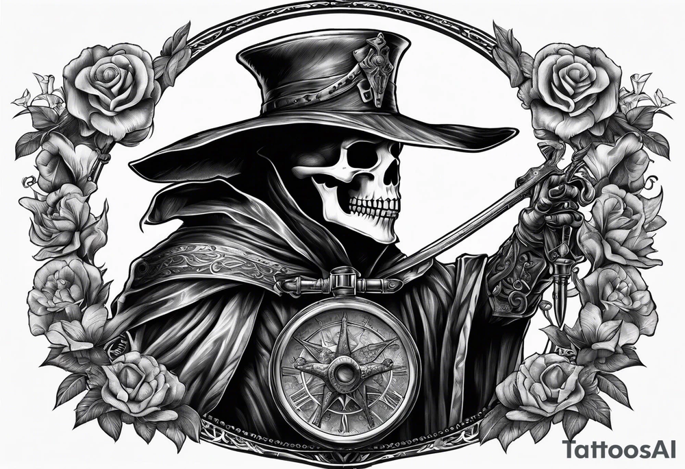 Skeleton holding plague doctor tattoo idea