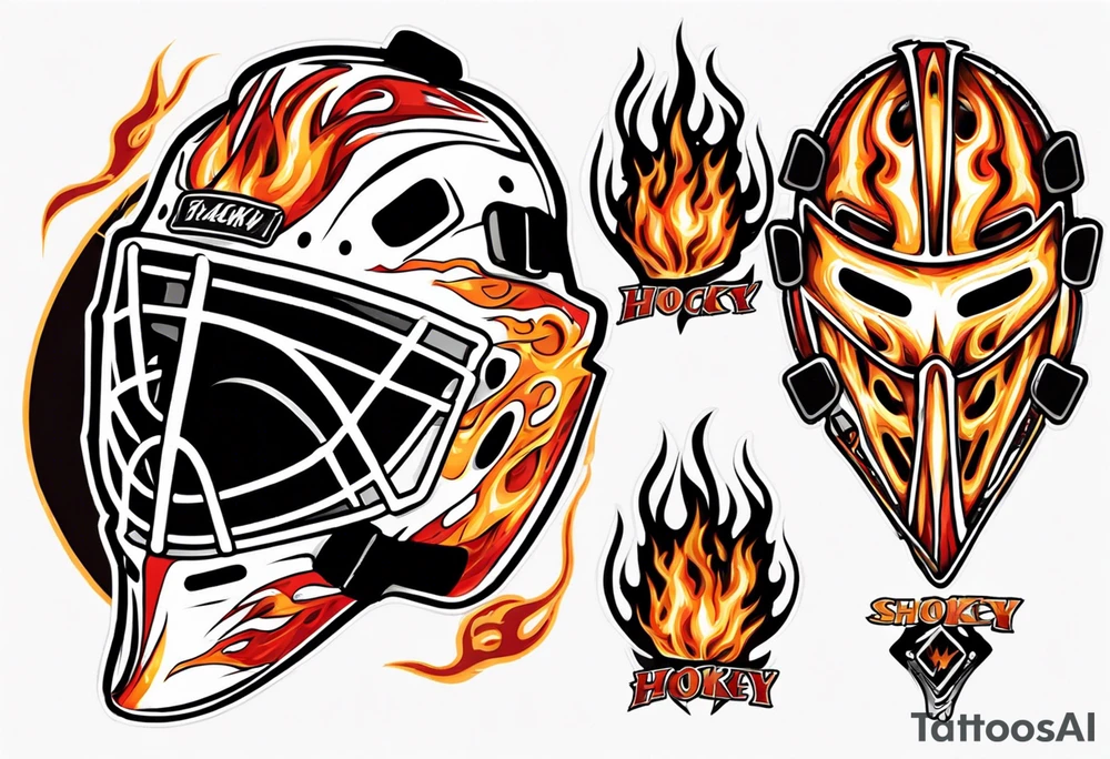 a goalie mask and crossed hockey sticks with flames that says "SHOT HOCKEY" tattoo idea