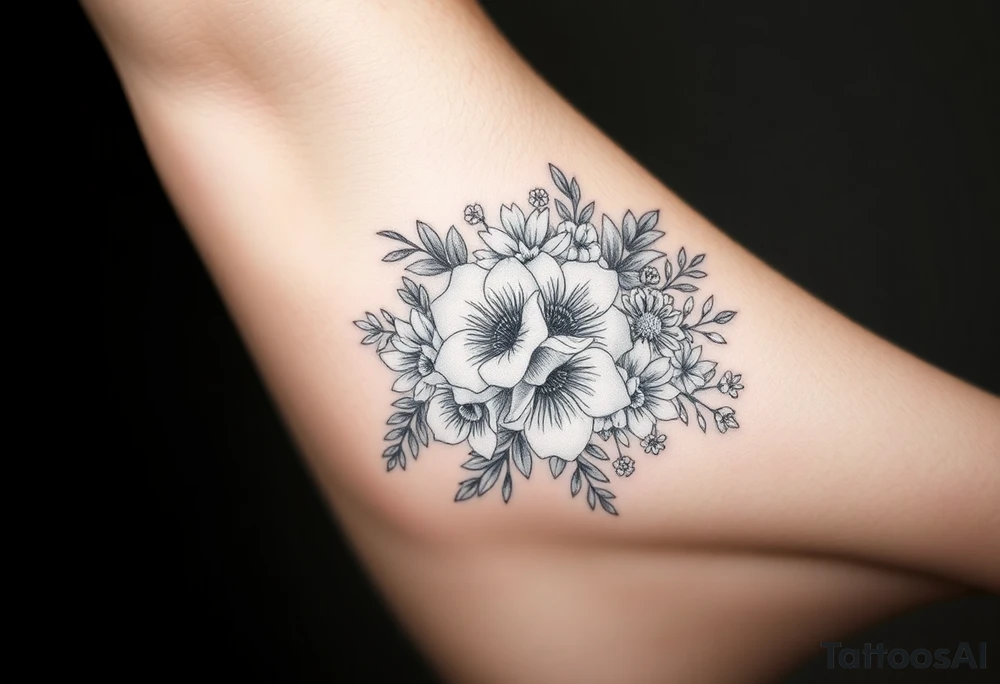 Bouquet of roses, snowdrops, marigolds, asters and gladioli tattoo idea