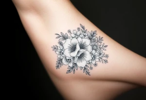 Bouquet of roses, snowdrops, marigolds, asters and gladioli tattoo idea