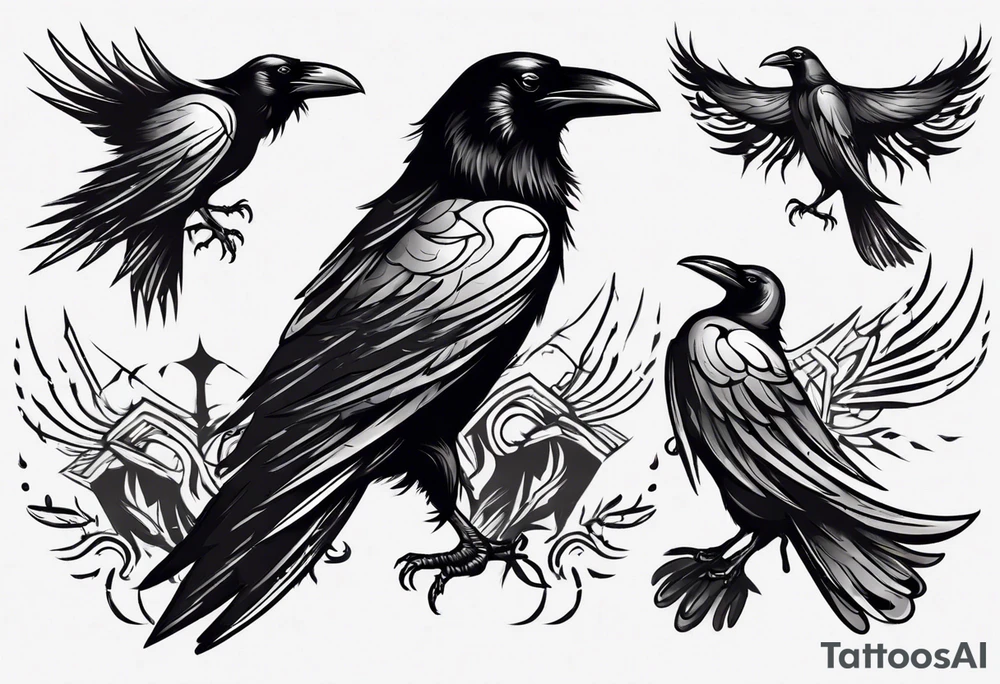 raven flying toward foreground tattoo idea