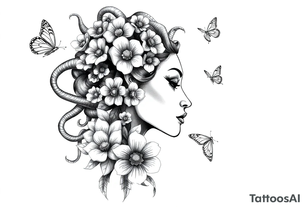 Side portrait of Medusa with flowers, butterflies 
and mandala tattoo idea