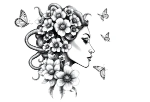 Side portrait of Medusa with flowers, butterflies 
and mandala tattoo idea